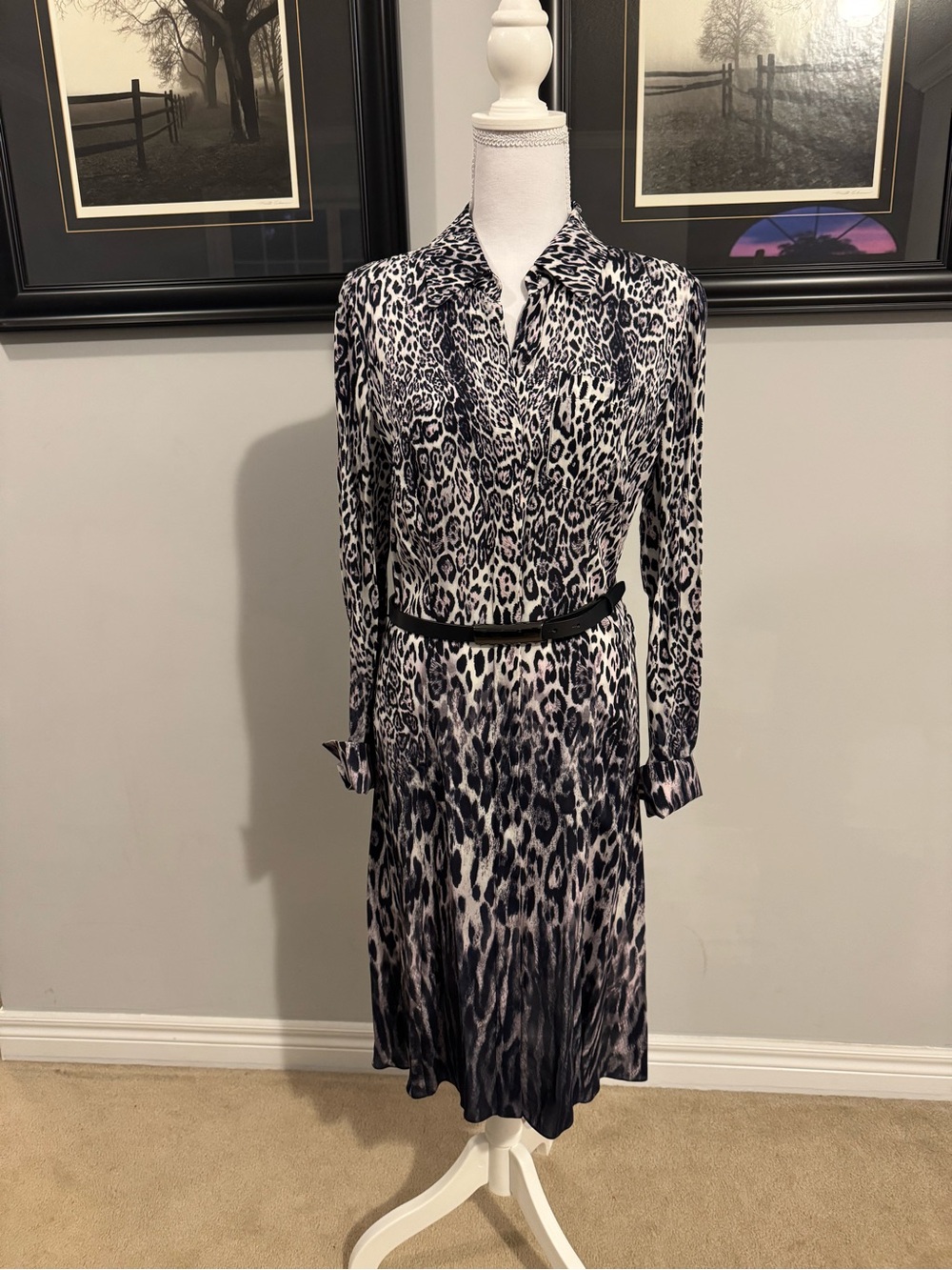 Elie Tahari Black and White Leopard Print Long Sleeve Dress